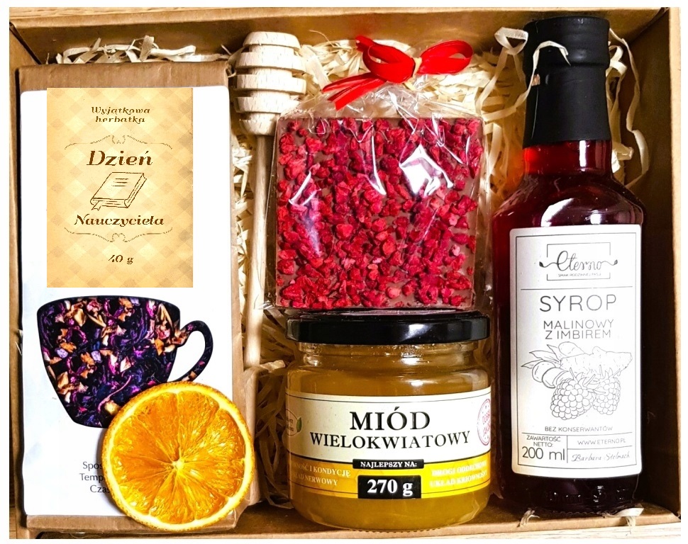 KOSZ-ZESTAW-PREZENTOWY-PREZENT -UPOMINEK-HERBATA-MIOD-SYROP DZIEN NAUCZYCIELA